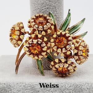 Vintage Weiss Sunflower Brooch Topaz Rhinestone Gold Tone 1950s